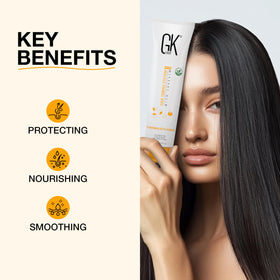 GK HAIR label close-up showing heat protection and ingredient claims for consumer clarity