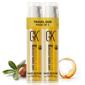 GK HAIR travel serum front packaging showing compact bottles and benefits
