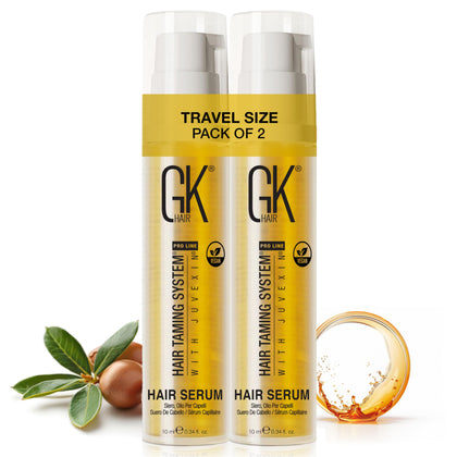 GK HAIR travel serum front packaging showing compact bottles and benefits