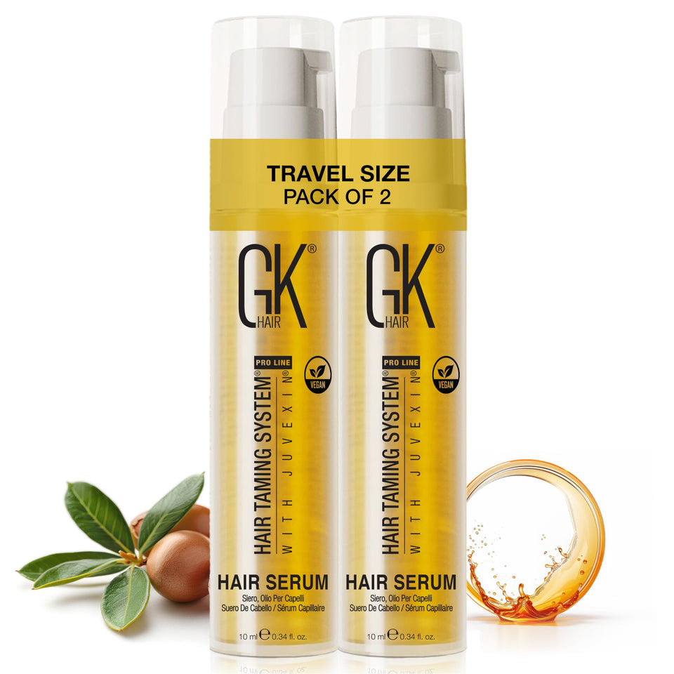 GK HAIR travel serum front packaging showing compact bottles and benefits