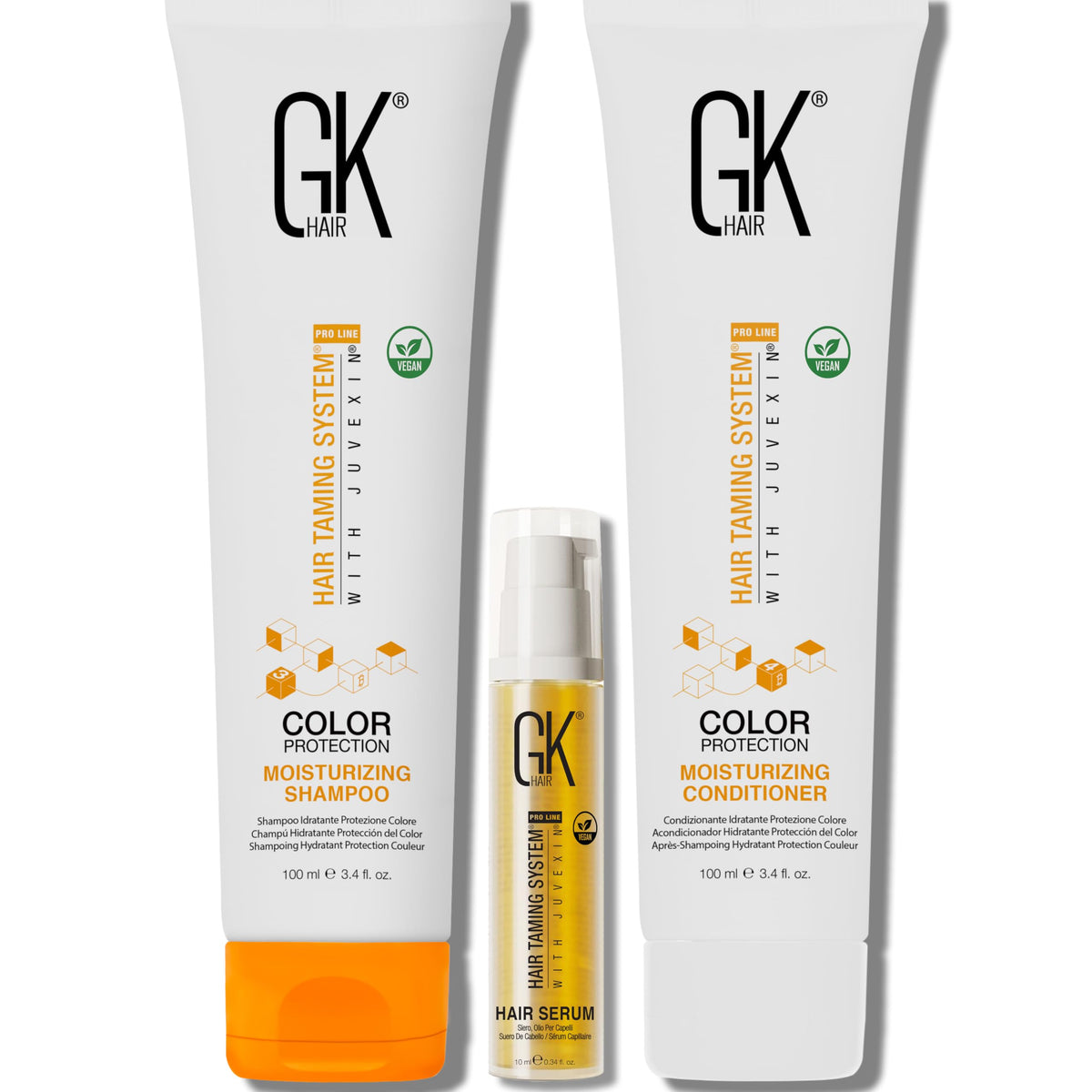 GK HAIR travel set front packaging showing compact bottles and portability benefit