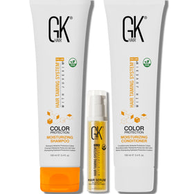 GK HAIR travel set front packaging showing compact bottles and portability benefit