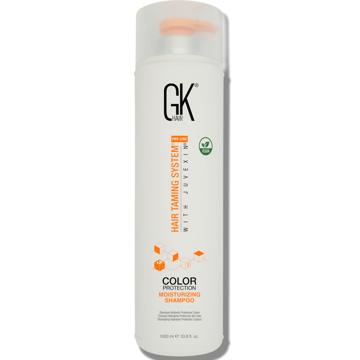 GK HAIR front packaging of 1L keratin shampoo shows salon-size value
