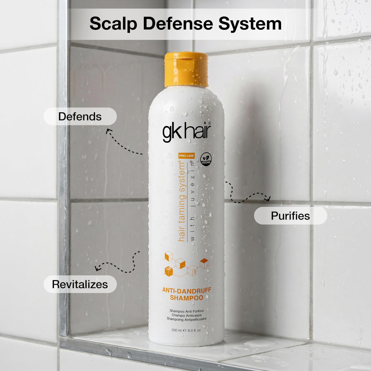 GK HAIR bottle with ruler for size comparison and travel-friendly benefit