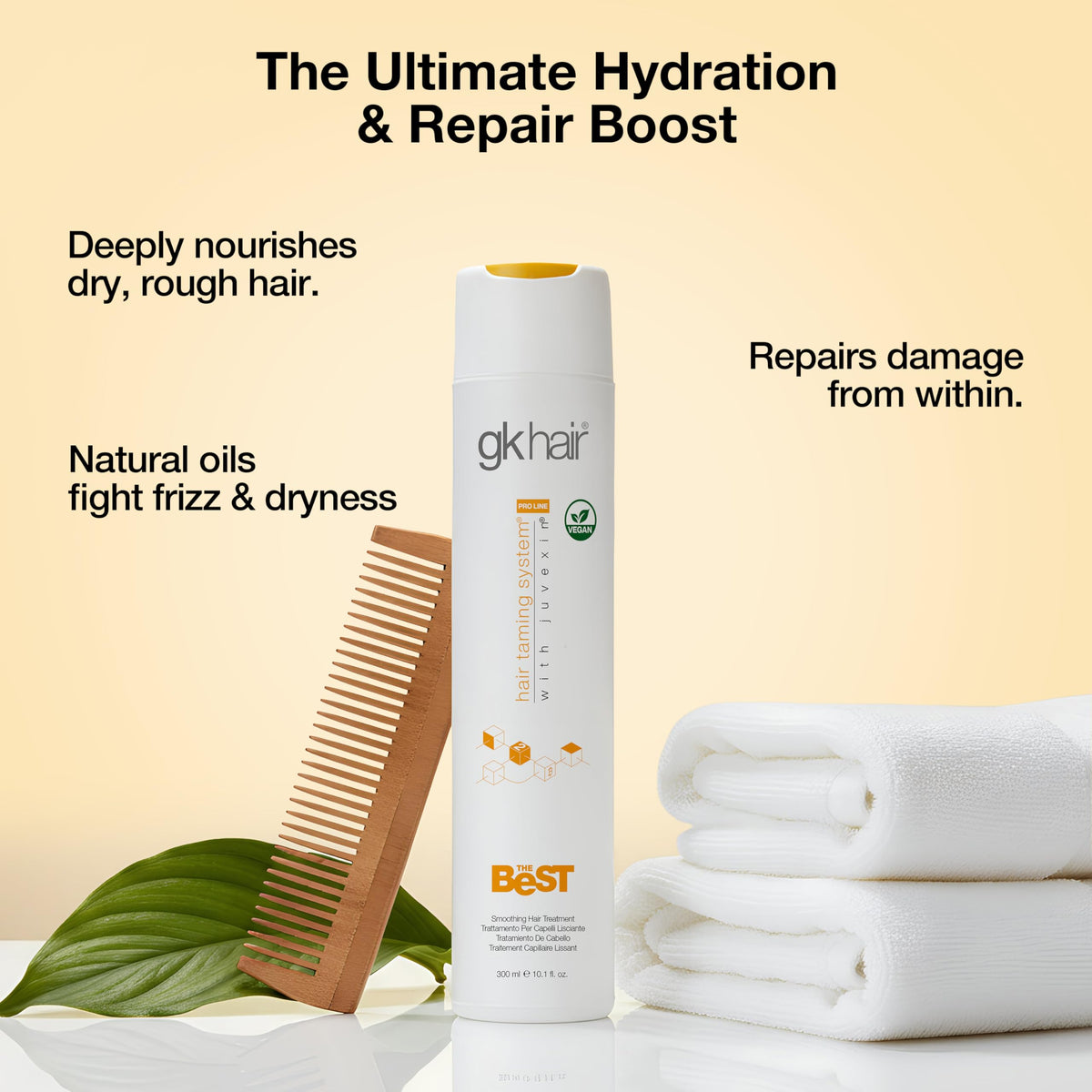 GK HAIR label close-up highlighting ingredients and benefit of clear product information