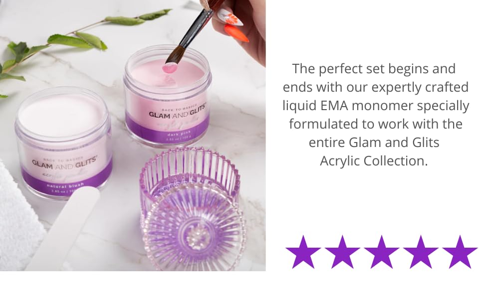 Glam and Glits monomer next to Glam and Glits powder jar showing compatibility