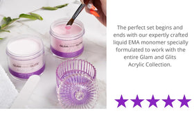 Glam and Glits monomer next to Glam and Glits powder jar showing compatibility