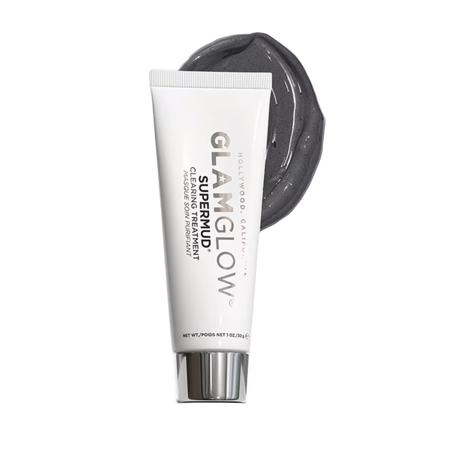 Glamglow SUPERMUD jar front view showing label and compact travel size for convenience