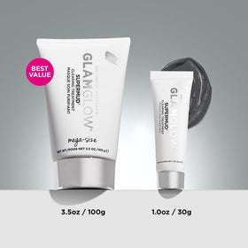 Glamglow SUPERMUD jar with label and scale to highlight 3.5 oz treatment convenience