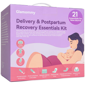 Glamommy front packaging showing full postpartum kit for easy grab-and-go