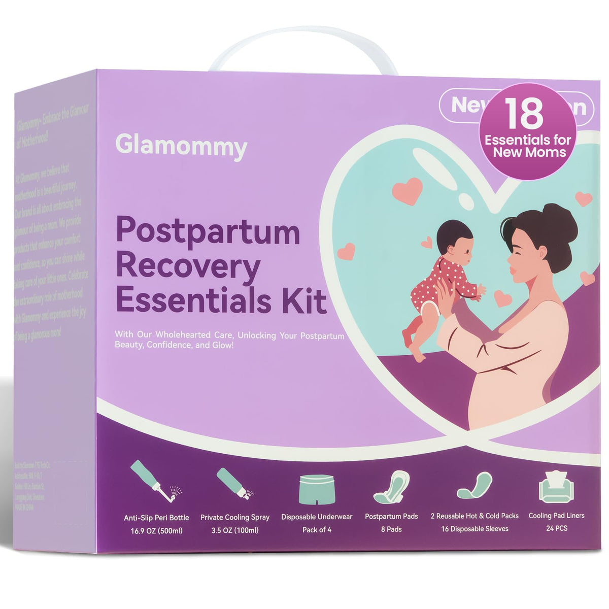 Glamommy kit overview packaging showing all included postpartum items and carry handle for convenience