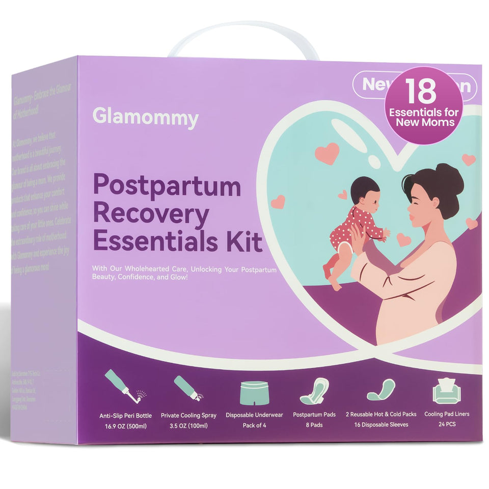Glamommy kit overview packaging showing all included postpartum items and carry handle for convenience