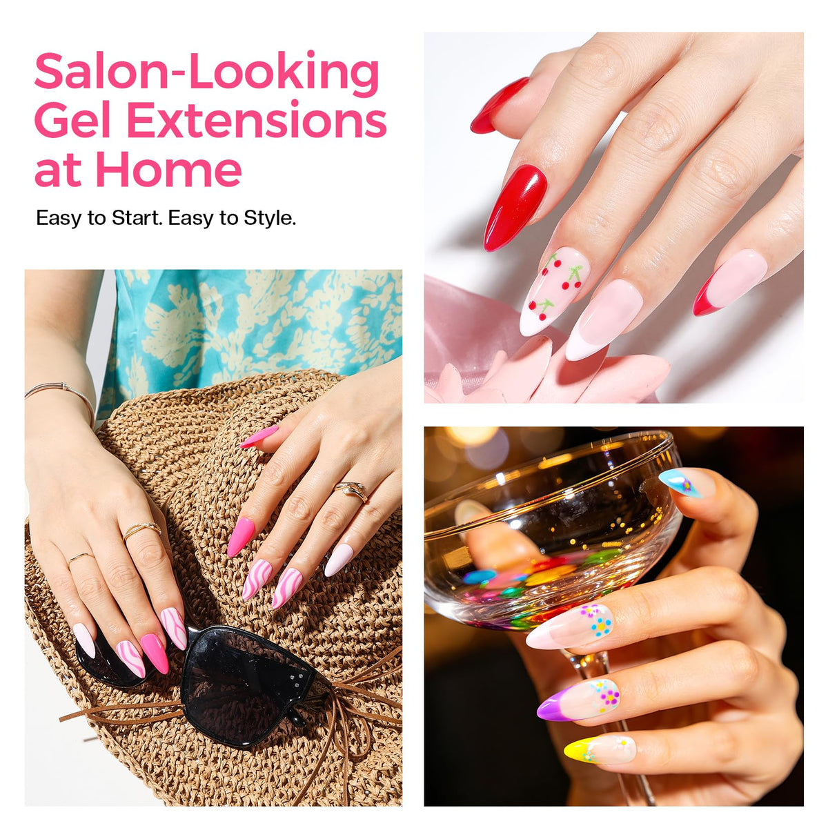 Glamonade finished almond extensions worn in lifestyle scene for polished look