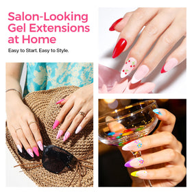 Glamonade finished almond extensions worn in lifestyle scene for polished look
