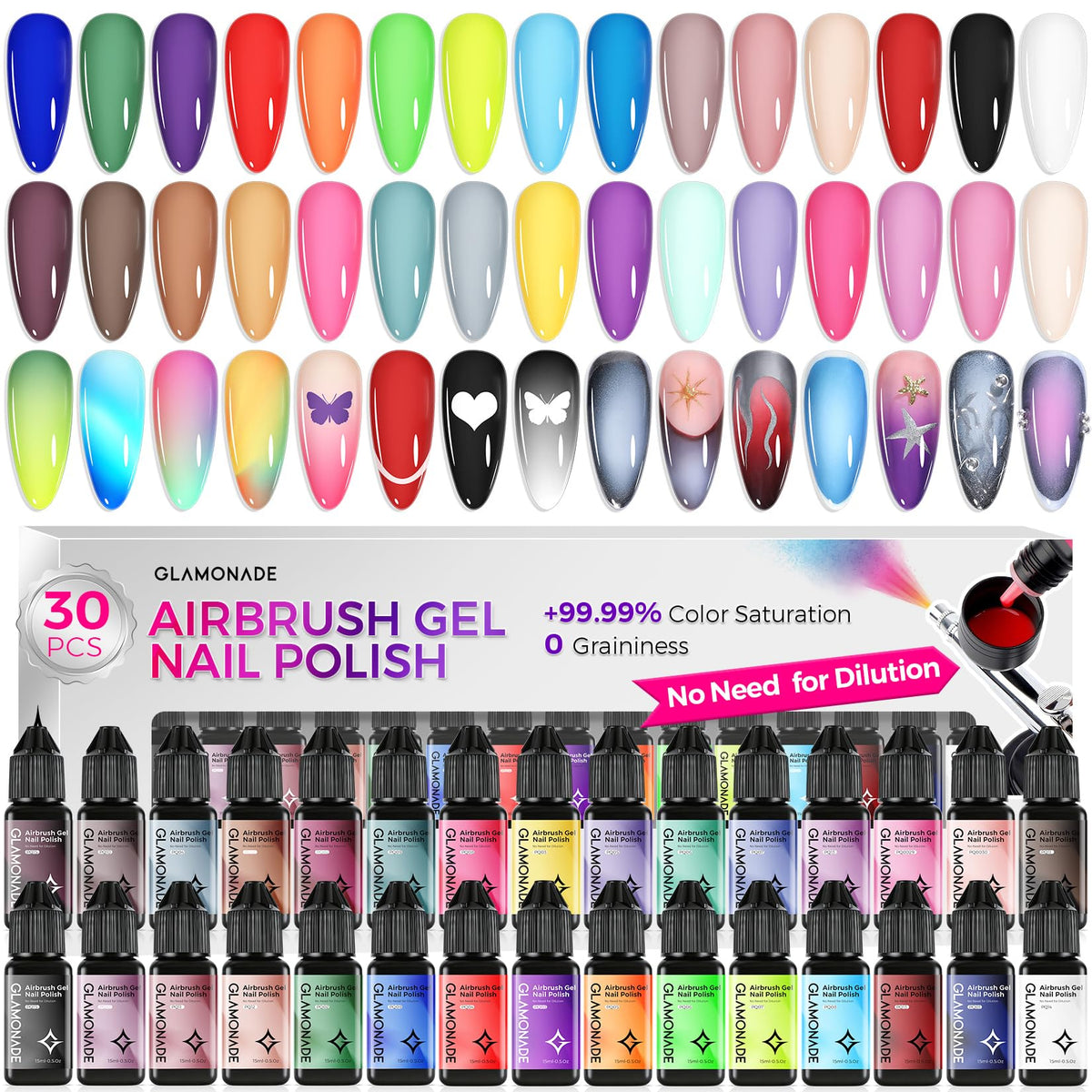 Glamonade front packaging showing 30-color kit and organized bottles for quick choice