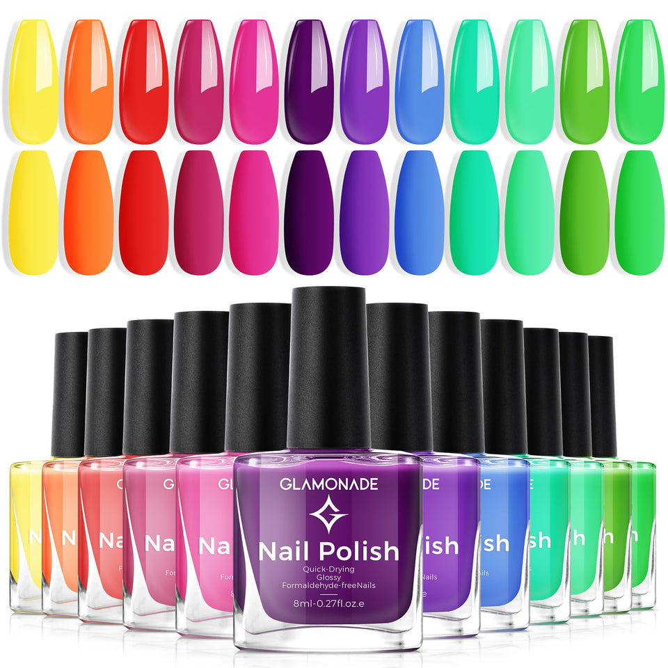 Glamonade front packaging showing 12 bright polish bottles and gift-ready box benefit: variety