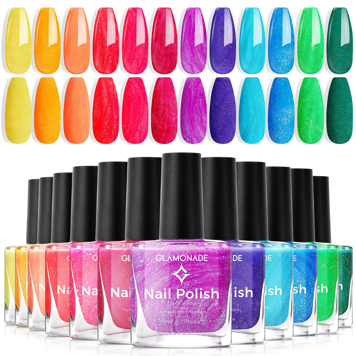 Glamonade front packaging showing 12 shimmer shades and benefits
