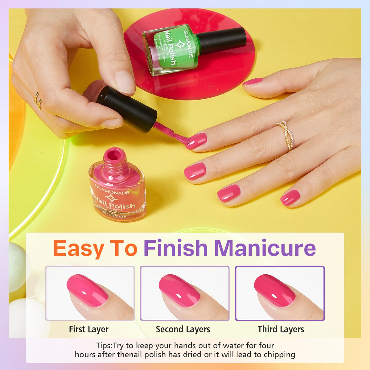 Glamonade brush stroke application demo on nail illustrating smooth self-leveling benefit: streak-free