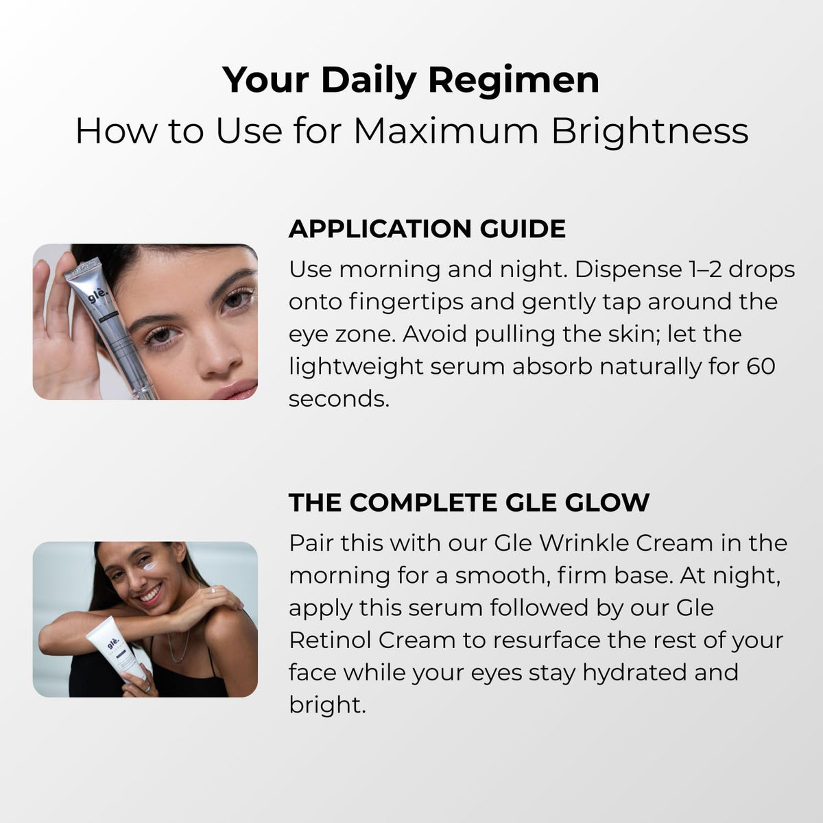 Gle eye serum application under-eye demonstrating targeted use to reduce puffiness