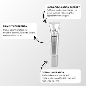 Gle eye serum ingredients vial highlighting vitamin C and hyaluronic acid benefits