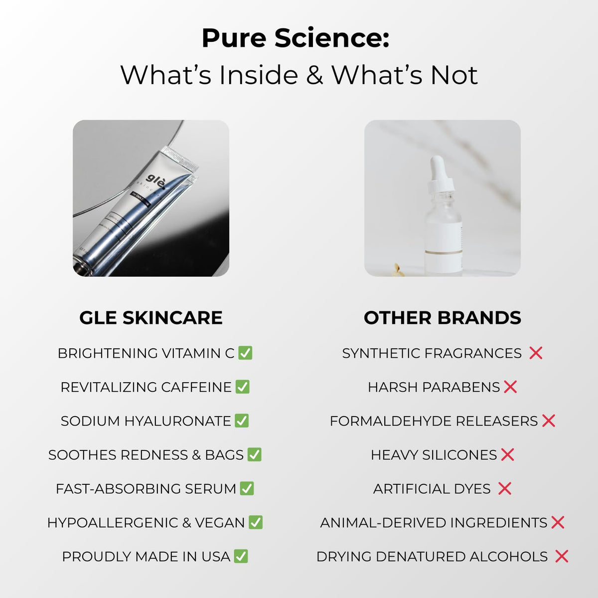 Gle eye serum label and claims showing hypoallergenic, fragrance-free, cruelty-free benefits