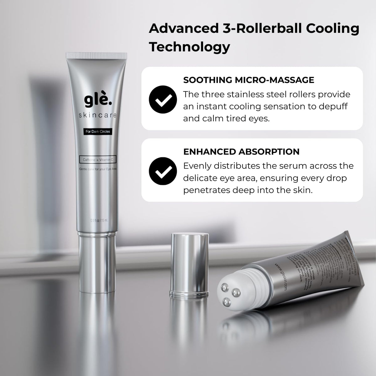 Gle eye serum travel size next to passport showing portable skincare convenience