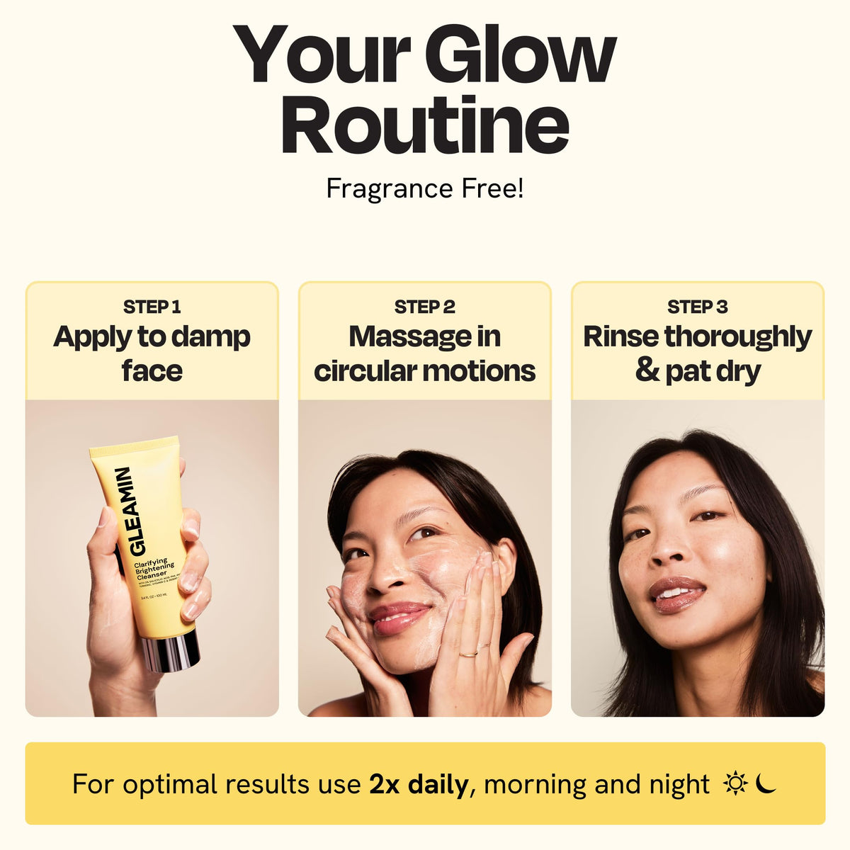 Gleamin being applied to face in demo showing gentle exfoliation