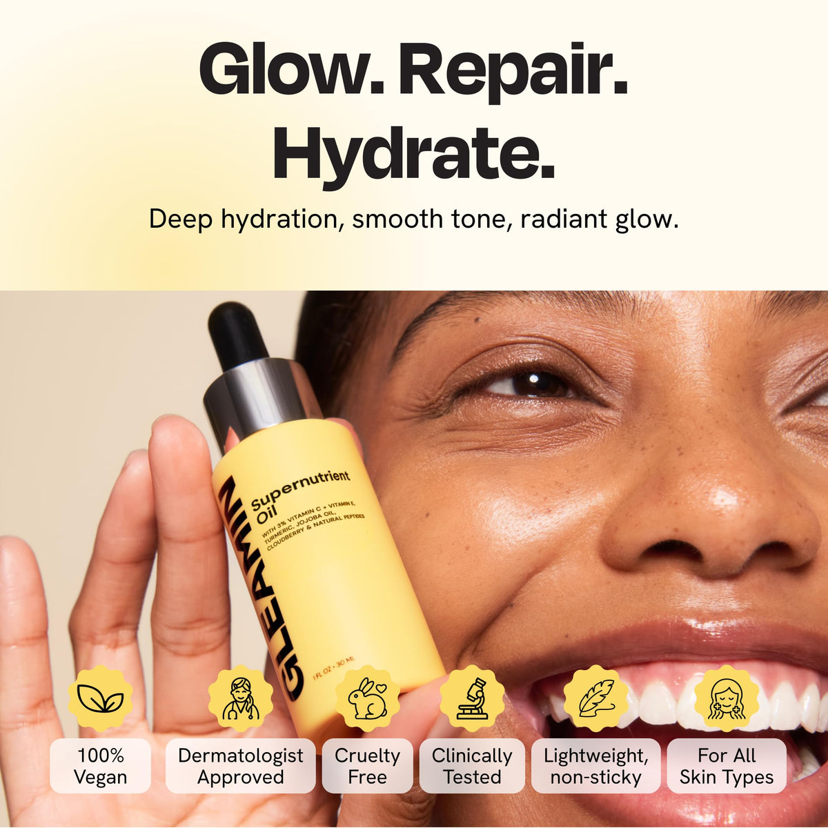Gleamin in a nighttime routine setting showing layered use with serums and cream