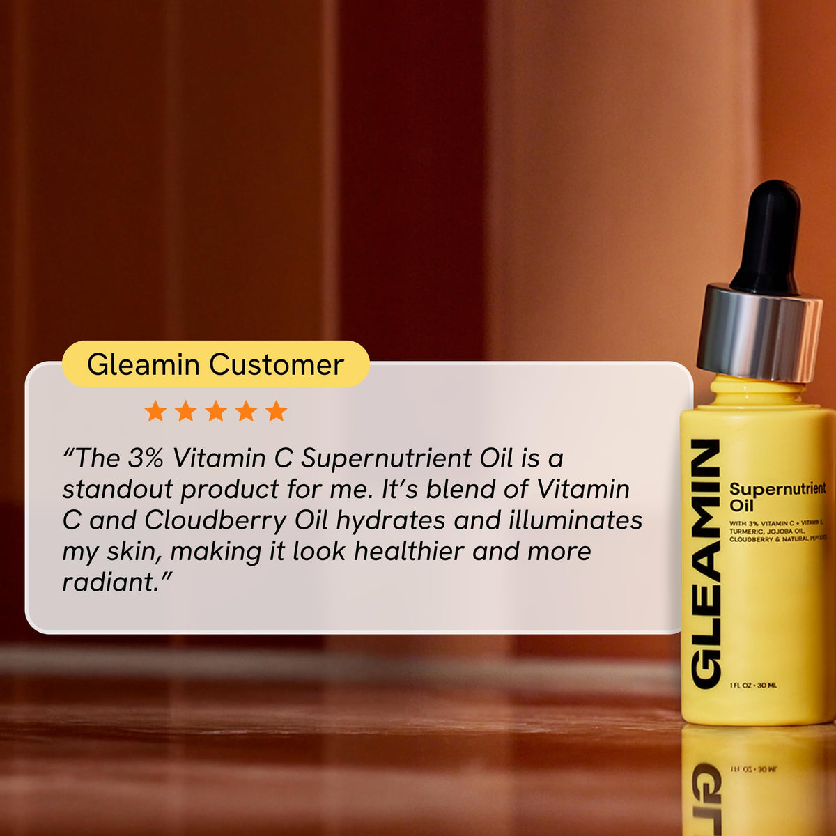 Gleamin product label detail showing key ingredients and fragrance-free claim