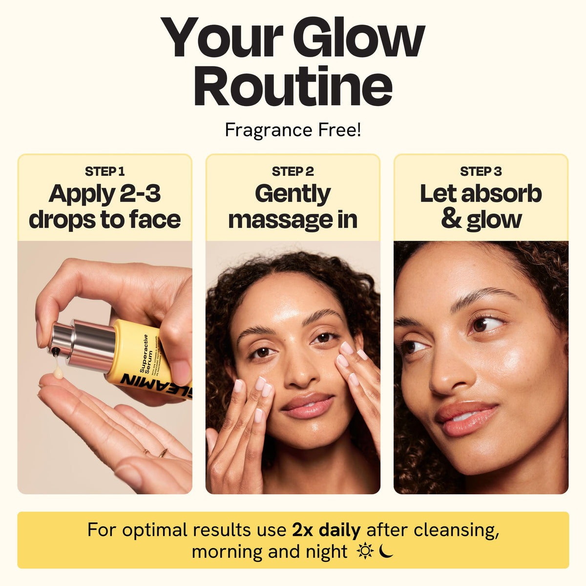 Gleamin applying serum to cheek showing layering under makeup benefit