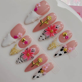 Gleamrain front packaging showing almond long nude press-on nails, elegant instant manicure