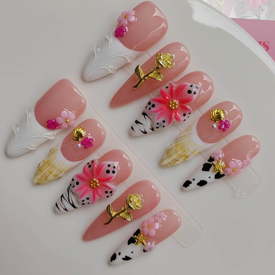 Gleamrain front packaging showing almond long nude press-on nails, elegant instant manicure