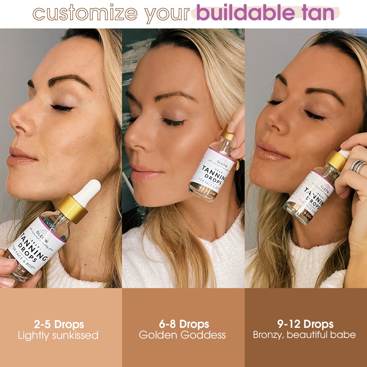 GLEOW application on face seen in mirror, illustrating streak-free blending and natural finish