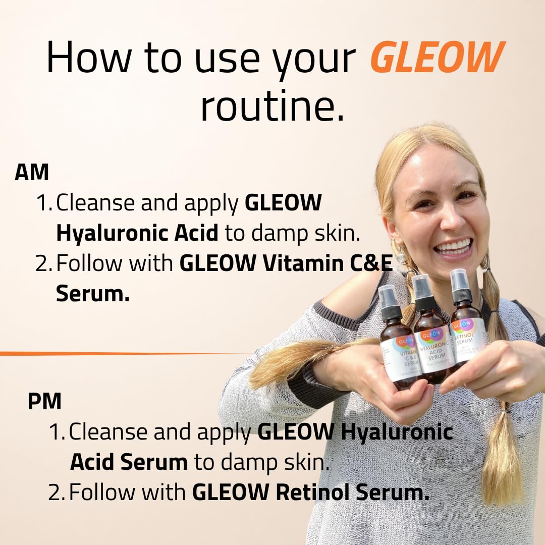 GLEOW serums on bathroom counter in routine setting demonstrating daily use benefit