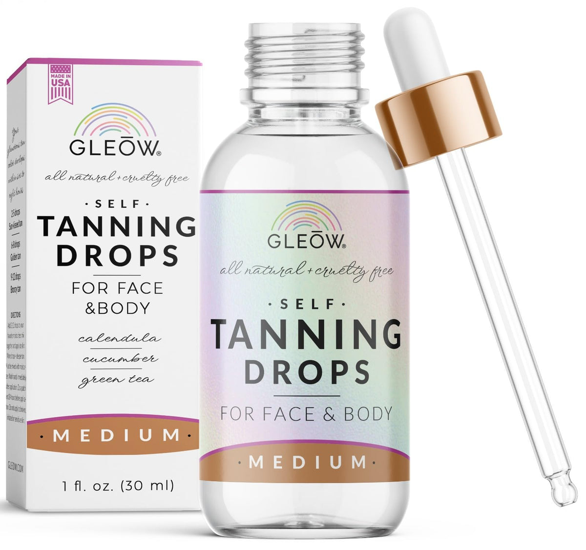 GLEOW front bottle packaging showing 1oz dropper and branding, clear product visibility and benefit