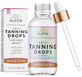 GLEOW front bottle packaging showing 1oz dropper and branding, clear product visibility and benefit