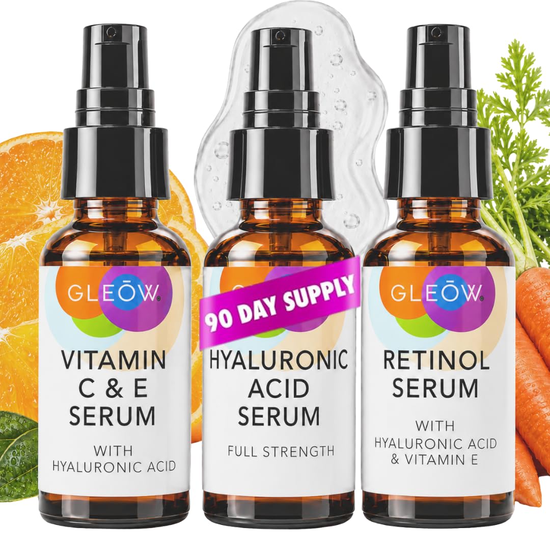 GLEOW front packaging of three-serum set showing compact bottles and benefits