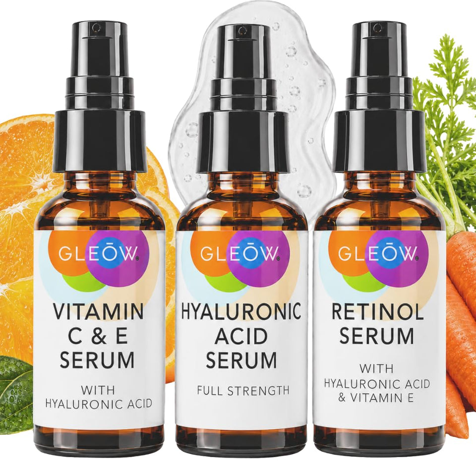 GLEOW front packaging showing three serums and clear benefits