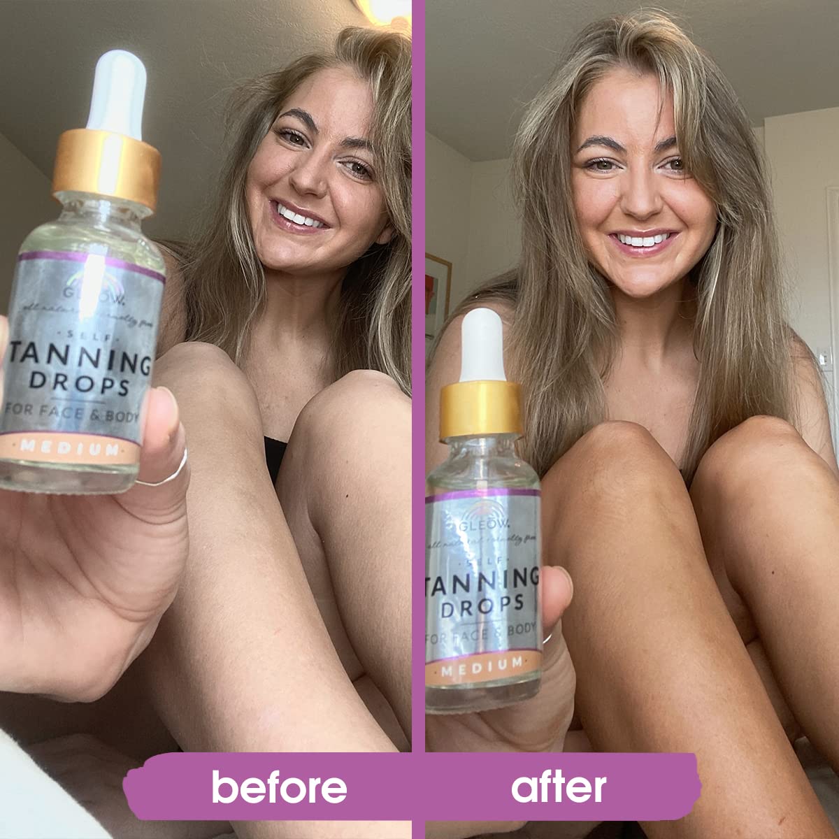 GLEOW bottle on bathroom vanity with skincare items, showing everyday routine convenience