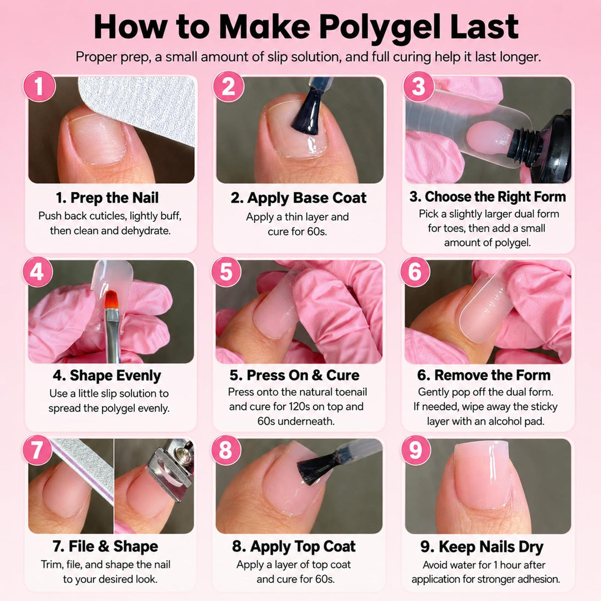 GlimightyX hand applying polygel on a dual form for step-by-step control
