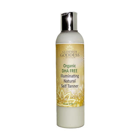 Glimmer Goddess front packaging showing organic dark self tanner and benefits