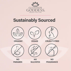 Glimmer Goddess natural ingredients display highlighting organic oils
