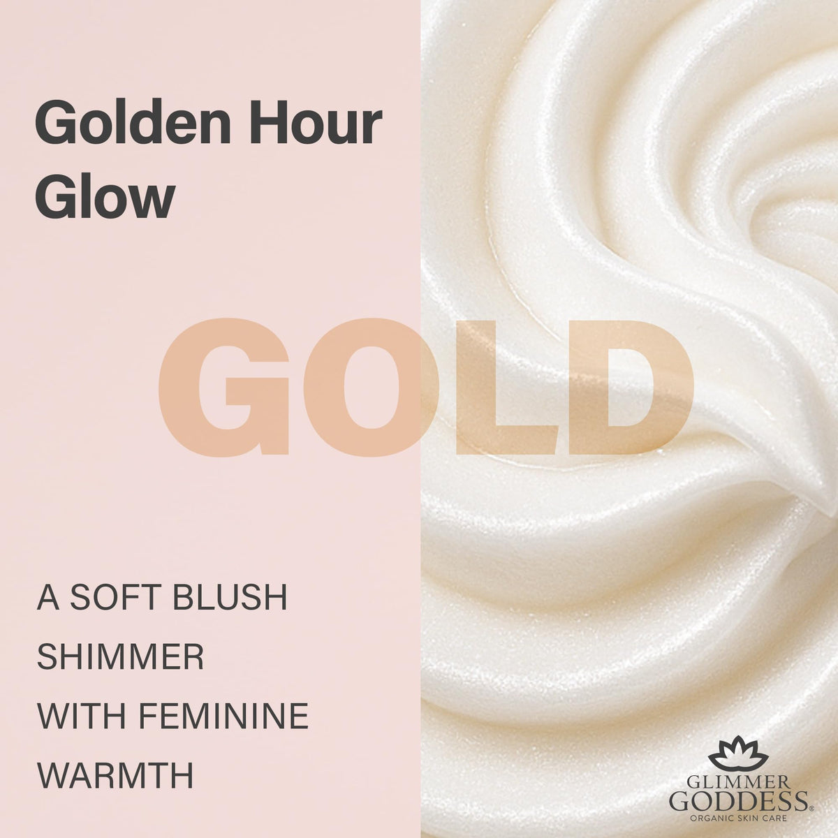 Glimmer Goddess label close-up displaying organic shea and oil benefits