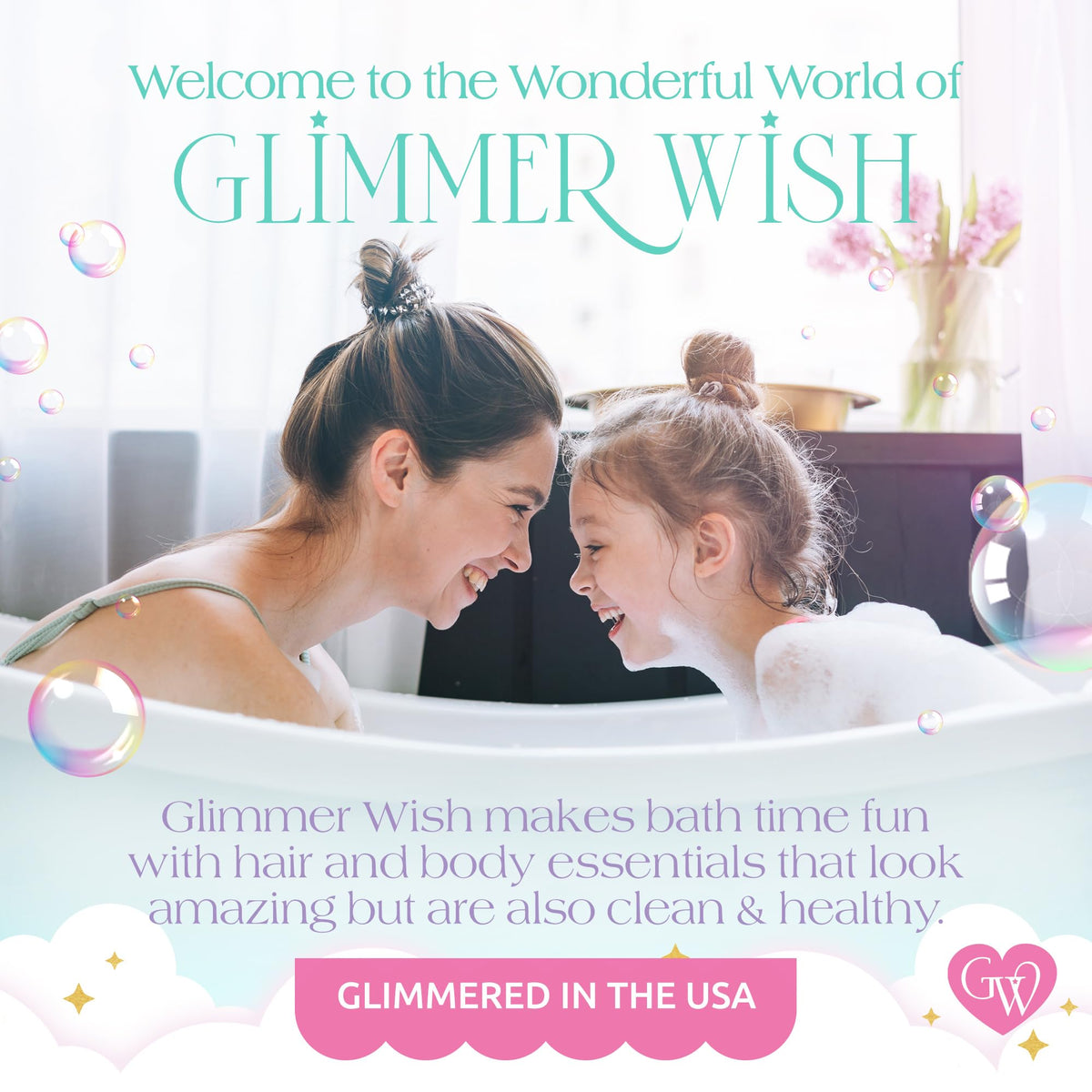 Glimmer Wish bottle staged in a child-friendly bathroom for fun bath time
