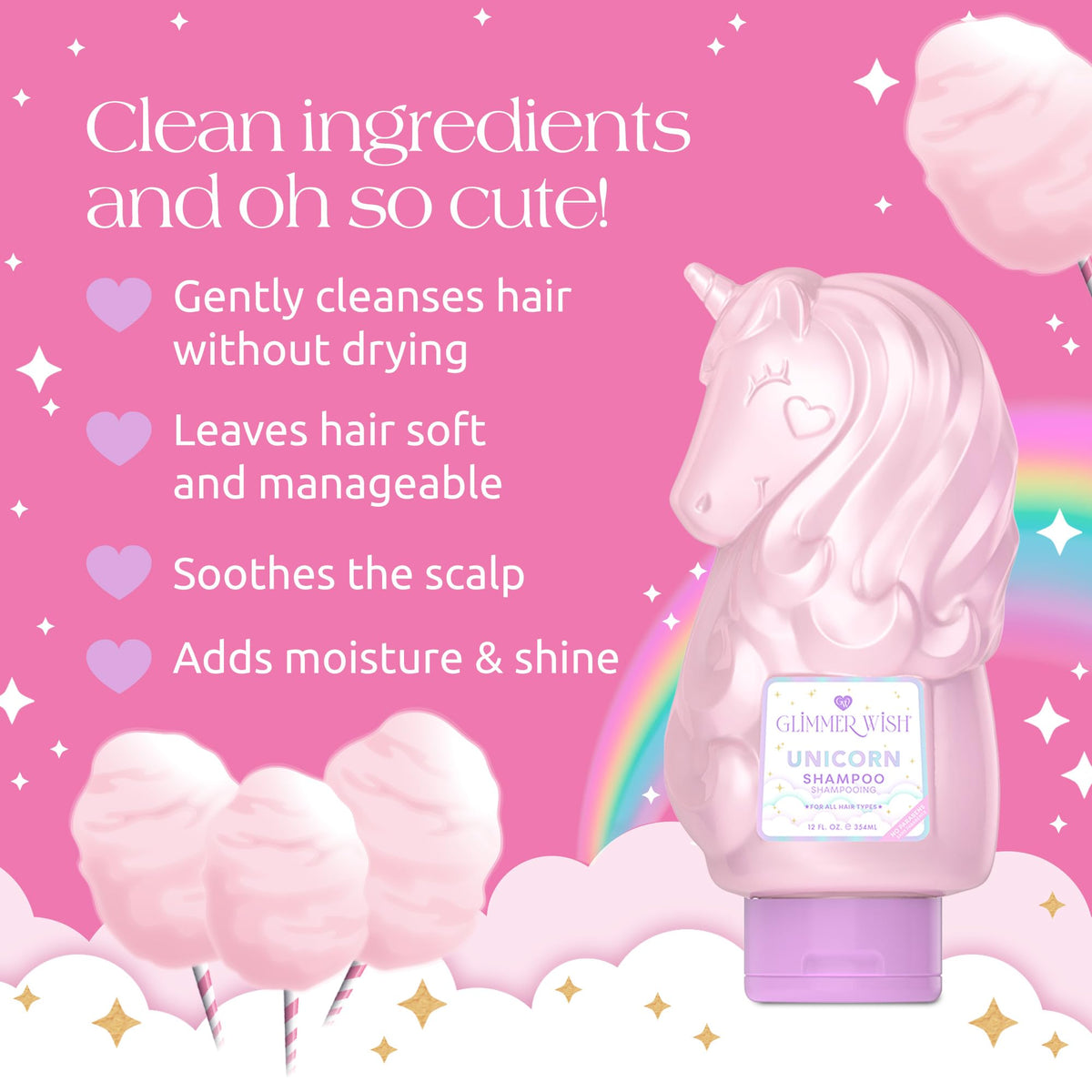 Glimmer Wish bottle label detail showing ingredient highlights and safe formula benefit