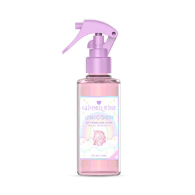 Glimmer Wish front bottle showing label and pink packaging with travel-friendly size benefit