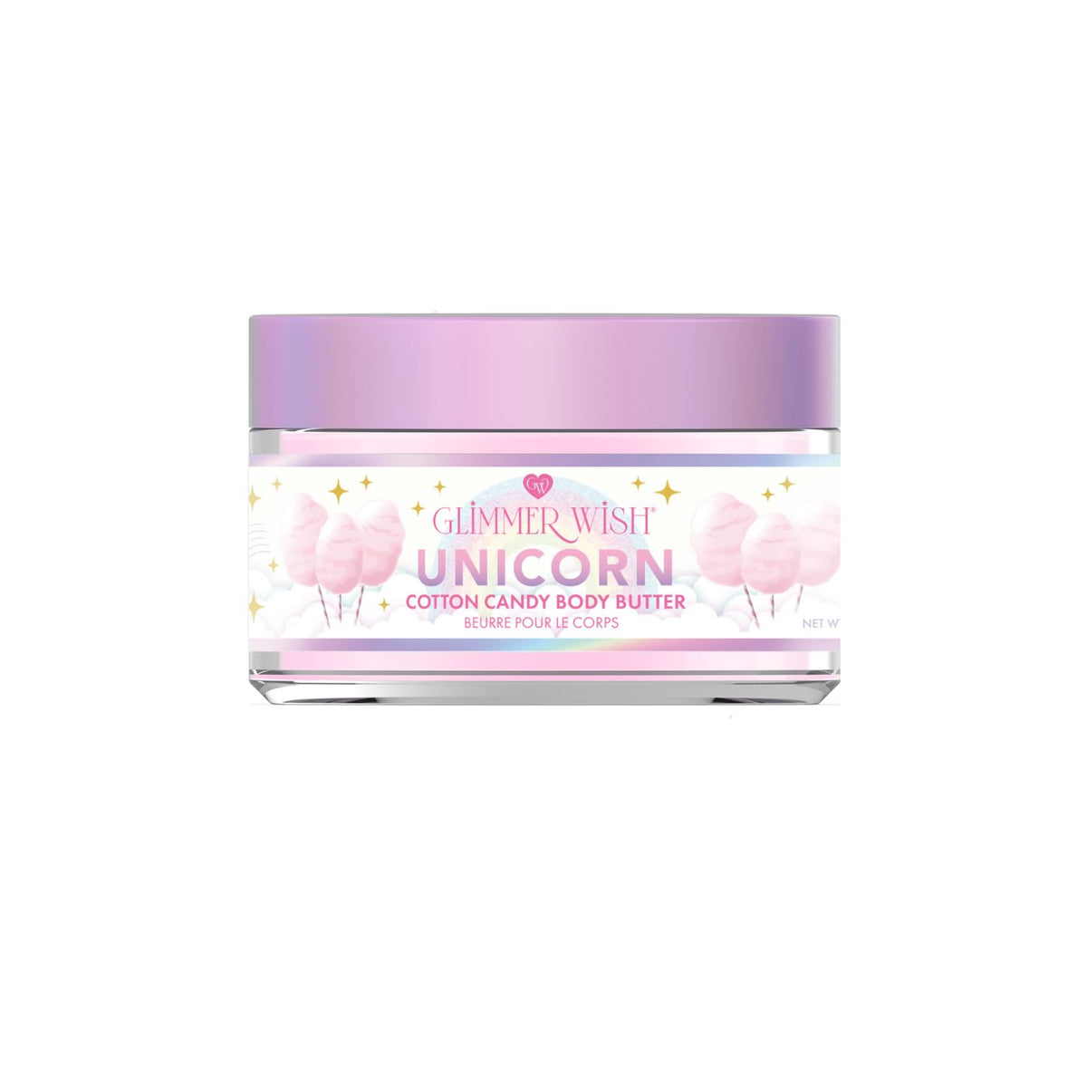 Glimmer Wish front jar showing Unicorn Cotton Candy scent and pretty packaging benefit: gift-ready