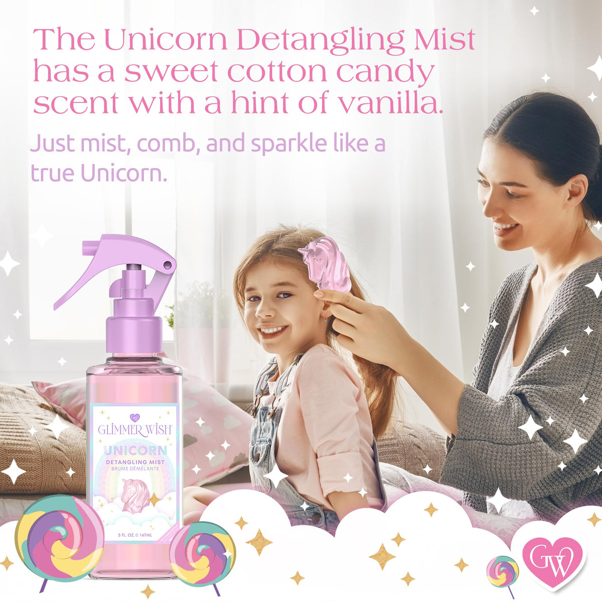 Glimmer Wish child using spray in a playful setting for gentle, kid-friendly grooming benefit
