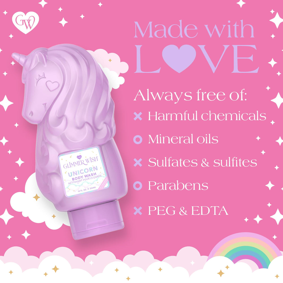 Glimmer Wish label detail showing ingredient highlights and safety info