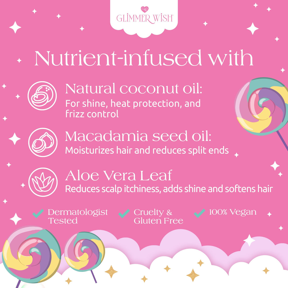 Glimmer Wish label detail focusing on ingredient highlights and toxin-free reassurance benefit